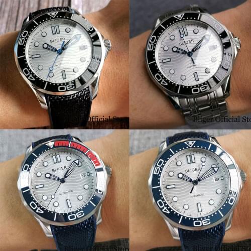 BLIGER 41mm Mechanical White Men Watch 24 Jewels NH35A Rubber Strap Luminous Dial Flat Sapphire Crystal Seeing Glass Back