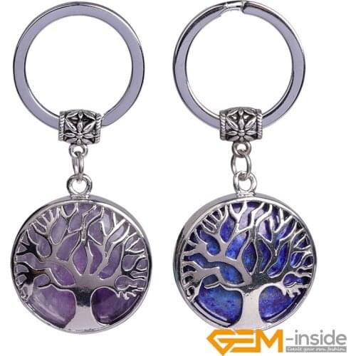 Natural Stone Keychains Silver Color Tree of Life Keyring Healing Crystal Car Bag Wallet Decor Keyholder For Women Men Gifts