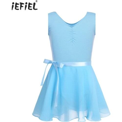 Kids Girls Cotton Sleeveless Ballet Dress Dance Beautiful Gymnastics Leotard with Chiffon Tied Skirt Outfit Stylish Set SZ 3-14