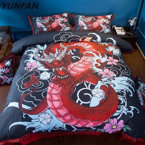 Home Textile Dragon Bedding Set US Twin Full Queen King Super King Size red Black pillowcase Bedroom Quilt Cover Set bedclothes