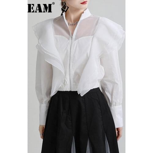 [EAM] Loose Fit Black Mesh Ruffles Short Jacket New Lapel Long Sleeve Women Coat Fashion Tide Spring Autumn 2021 1DE1852