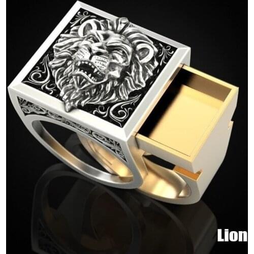 Function Jewelry Lion Totem Engraved Old Silver Color Drawer Plus Size Huge Type Ring For Men Domineering Finger Accessories
