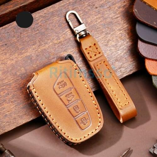 4 Buttons Remote Leather Key Cover Fob Shell Key Holder Case For Hyundai Santa Fe DM Grandeur HG Sedan Genesis G80 Keychain Set