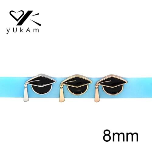 YUKAM Jewelry 8mm Slider Enamel Doctoral Bachelor Hat Diploma Graduation Cap Slide Charms Keeper for Bracelet Accessories Making
