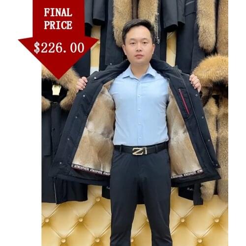 Mens Fur Jacket Winter Parka Real Muskrat Fur Coat Fashion Hooded Warm Plus Size Overcoat High Quality