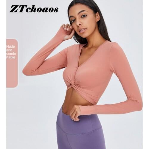 2021 new Open navel kink long sleeve Yoga suit female V-neck sexy fitness top naked sports T-shirt yoga top workout top