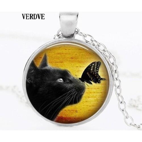 New 3 Color Black Cat Crystal Pendant Necklace Butterfly Black Pendulum Top Selling Necklace Fortune Jewelry