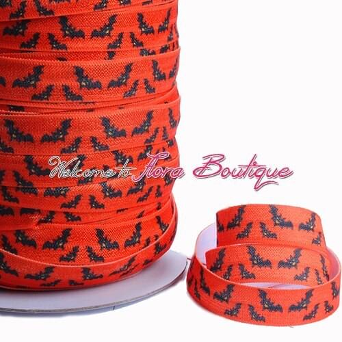 FLRA FOE New arrival Halloween bat printed fold over elastic ribbon in rolls