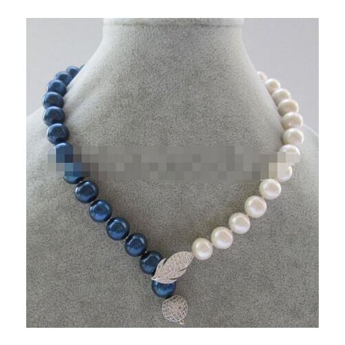Natural white & blue round freshwater pearl necklace