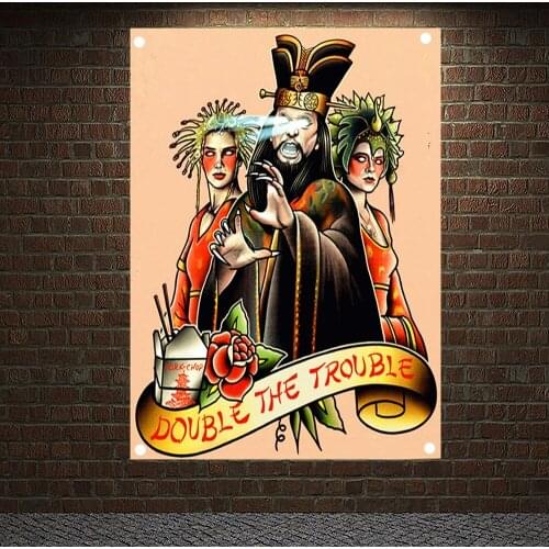 DOUBLE THE TROUBLE Tattoo Banners Canvas Painting Wall Art Print Posters Home Decor Mural Hanging Flag 4 Gromments in Corners