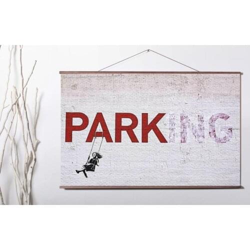 Girl Swinging on No Parking Sign Art Canvas poster decoration painting with solid wood hanging scroll