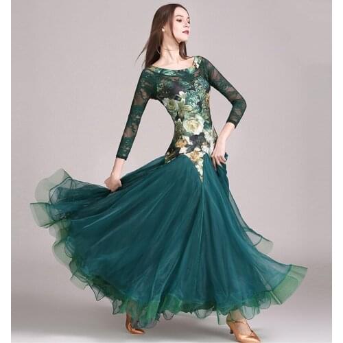 Modern dance costumes women ballroom dance wear waltz performance uniforms ball dance clothes mesh printing big skirt dress 1838
