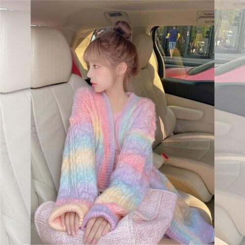 Loose Casual Kawaii Japanese Korean Knitted Sweater Coat Women Spring Autumn Cardigan Rainbow Design High Quality Girl