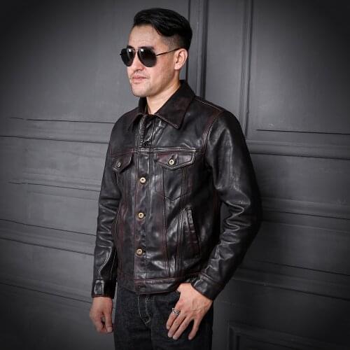 YR!Free shipping.quality tea core horsehide jacket,Classic casual 557 leather clothes,Man Vintage slim genuine leather coat