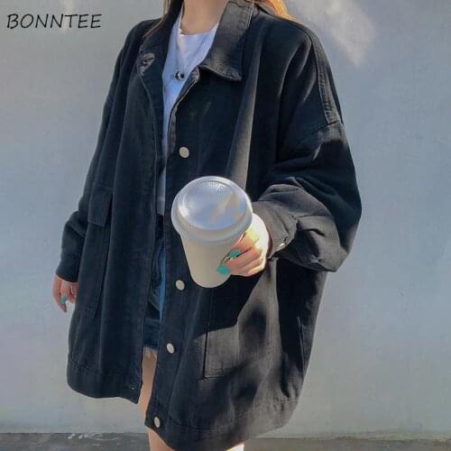 Basic Jackets Women Ins Single-breasted Retro Loose Solid Harajuku Pockets College Lovely Fashion Spring Streetwear Ulzzang Cute