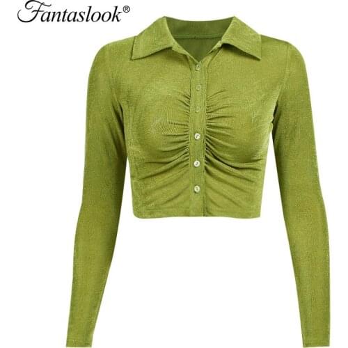 Sexy Cropped Shirt Woman Y2k Slim Button Tops Ladies Vintage Turn-Down Collar Solid Top Party Ruched Long Sleeve Streetwear