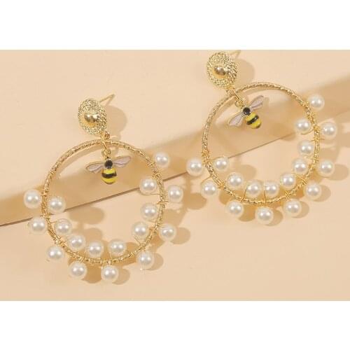 Female Trendy Handmade String Pearl Drop Earrings For Women Girls Cute Enamel Insect Bee Dangle Earring Ladies Party Jewelry