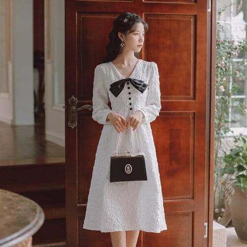 Bowknot V-neck Sexy Sweet White Dress Autumn Womens Long Sleeve Three-dimensional Print Chic French Elegant Midi Dress