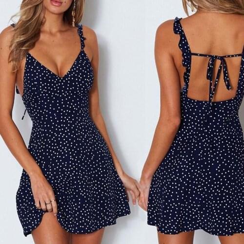 2021 Sexy Sling Polka dot Dress Womens Short Dress Fashion Sleeveless V-neck Mini Backless Female Sundress Spring Summer
