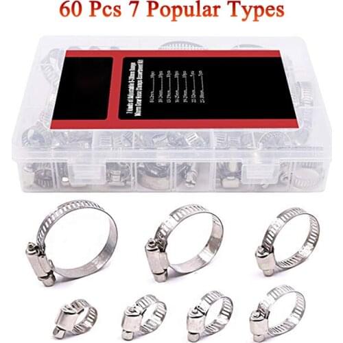 60 Pcs 8-38mm Adjustable All Stainless Steel Worm Gear Hose Clamp Assortment Kit All Stainless Steel Rust Proof