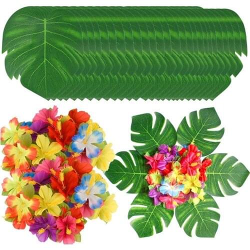 90Pcs Tropical Palm Leaves and Hibiscus Flowers, Artificial Leaves Plants Hibiscus Flowers Fete Deco, Hawaiian Party Jungle Beac