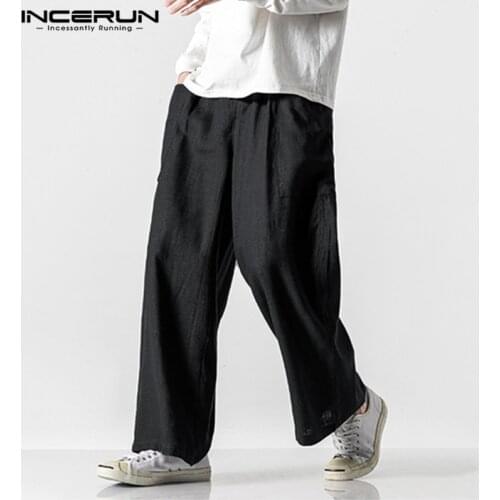 INCERUN Vintage Men Casual Wide Leg Pants Cotton Elastic Waist Pockets Joggers Retro Loose Trousers Men Street Style Long Pants