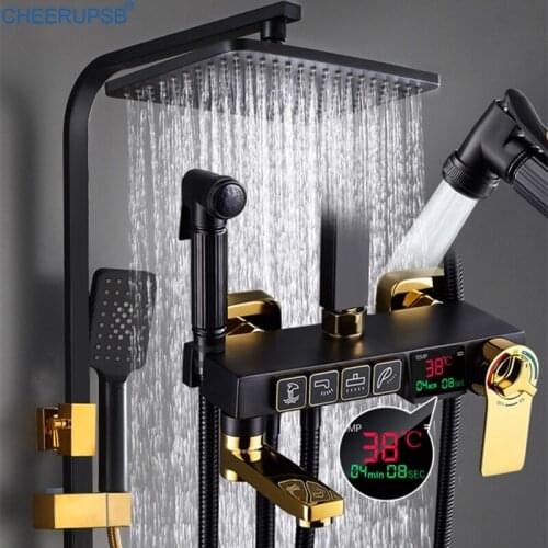Digital Shower Set Bathroom Smart Thermostatic Shower System Wall Mount Hot Cold Mixer Bath Faucet SPA Rain Fall Brass Black Tap