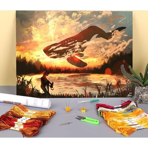 Scenery Adventure Printed 11CT Cross Stitch Embroidery Set DMC Threads Handicraft Painting Needlework Handmade Stamped