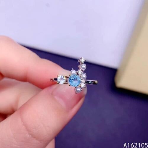 925 pure silver Chinese style natural Swiss blue topaz Aquamarine pearl womens luxury exquisite open gem ring fine jewelry supp