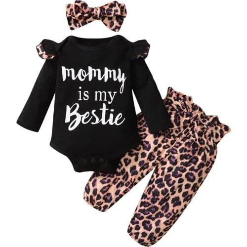 3Pcs Newborn Baby Girls Clothes Ruffles Letter Romper or Print Top+Leopard Printed Pants+Headband Set 0-3Years vestiti neonata
