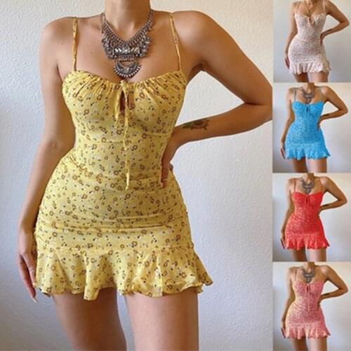 Summer Sexy Floral Dress Women Plus Size Tight Bodycon Dresses Ruffle Strap Cut-out Strapless High Waist Mini Dress