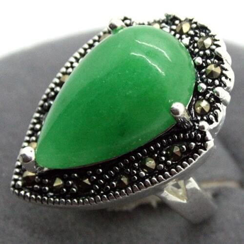 Fashion 15X23mm Green Jades Marcasite 925 Sterling Silver Jewelry Ring 7/8/9/10 jade