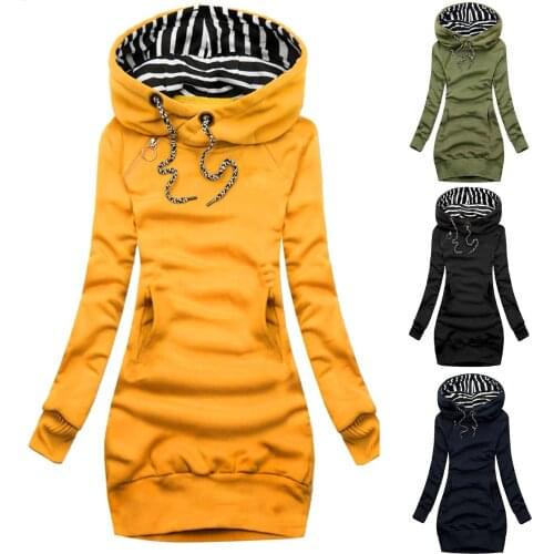 Fashion Women Sweatshirt Pullover Hoodies Long Sleeve Dress Hooded Striped Hooded Tops Drawstring Sweatshirts Slim Long Hoodies