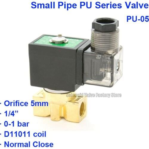 Normal Close 2 Way Pneumatic Brass Water Solenoid Valve PU-05 0-1bar Orifice 5mm DC12V D11011 coil BSP Port G1/4"