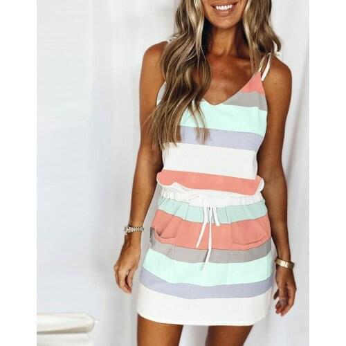 2021 Summer New Fashion Sling Striped Elastic Waist Drawstring Mid-length Dress Ladies Fashion Striped Temperament Banquet Dress