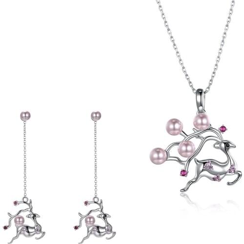 SILVERHOO 925 Sterling Silver Women Pendant Necklaces And Drop Earrings Personality Sika Deer Artificial Pearl Romantic Suit New