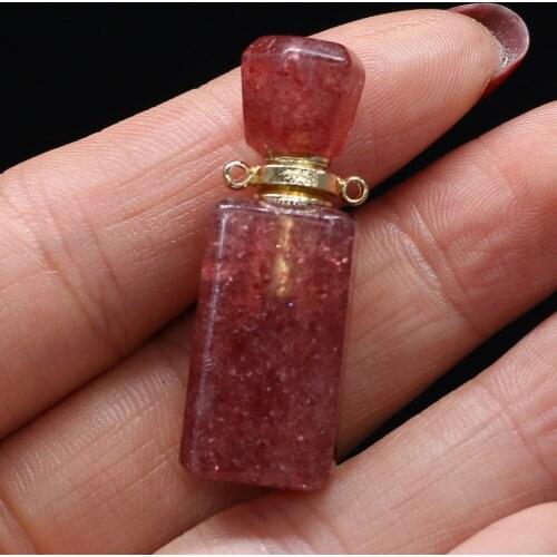 Natural Stone Perfume Bottle Essential Oil Diffuser Connectors Pendant Charms Strawberry Quartzs Fit Necklace for Women 13x33mm