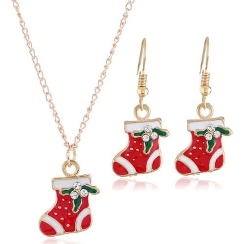 Christmas Bell Enamel Colorful Socks Deer Snowmen Cute Cartoon Drop Oil Color Earrings and Necklace Set Fashion Jewelry Gifts