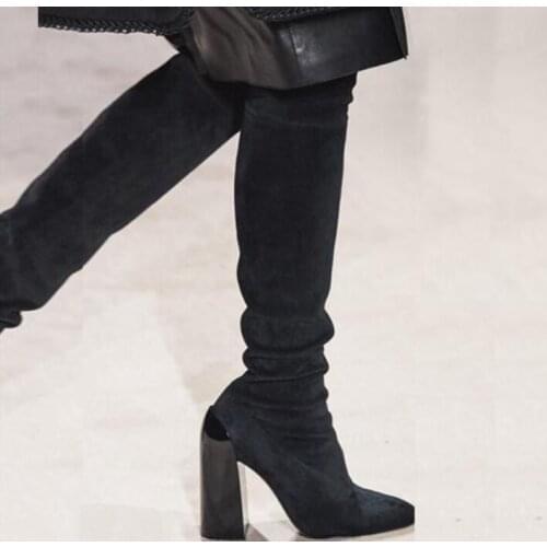 Chunky Heel Knee Boots Women Slim Stretch Sock Boots Pointed Toe Suede Boots for Women Brand Designer Slim Tight Shoes Woman