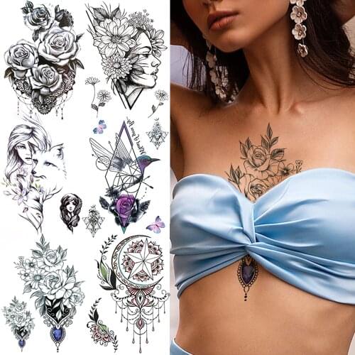 Sexy Rose Pendant Temporary Tattoos For Women Lady Realistic Lace Flower Fox Hummingbird Fake Tattoo Sticker DIY Washable Tatoos