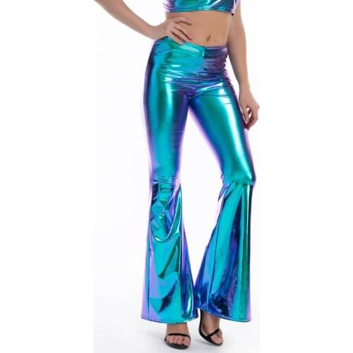 Sexy PU Leather Metallic Shiny Holographic Flare Trousers Women Girls Bodycon Elastic Waist Bell-Bottom Pants Clubwear