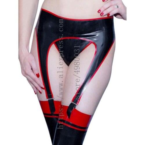 Sexy womens 100% natural latex black garter belt(exclude briefs) with red trims decorations