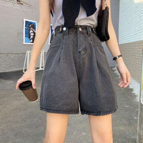 Shnsophi New Summer Women High Waist Retro Wide Leg Button Denim Shorts Casual Female Loose Straight Ladies Jeans Shorts Hot