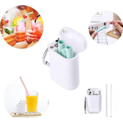 Foldable Food Grade Silicone Straw Outdoor Portable Reusable Drinking Straw With PP Luxury Carrying Case and Cleaning Brush
