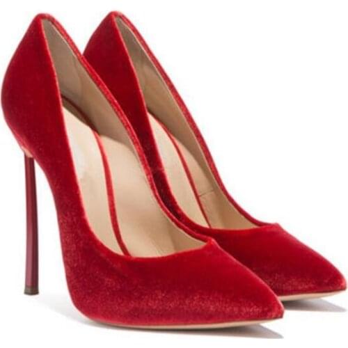 Dipsloot Woman Fashion Grey Red Golden Velvet Shallow Pumps Sexy Pointed Toe Iron Heels 12 cm Slip On Wedding Party Pumps Shoes