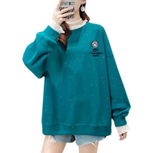Spring Autumn Coat Embroidery Smile Harajuku Hoodies Women Korean Thicken Sweatshirt Female Keep Warm Oversized Kawaii Clothing