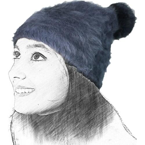 Knitted Hat Woman Gray Wool Rabbit 50 Angora Anthracite Long Fur Ball Pompom