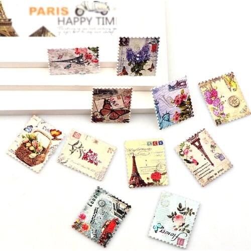 High Quality Colorful 30PCS 30*38MM Birds Tower And Flower Stamp Wood Buttons 2 Holes Stamp Shape Christmas Pattern At Randomly