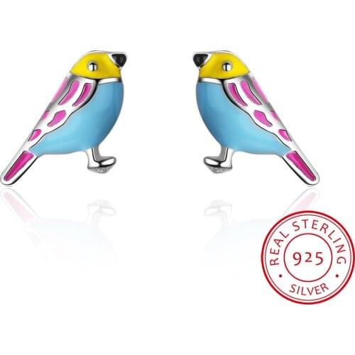 100% 925 Sterling Silver Womens Jewelry Fashion Cute Color Birds Stud Earrings For Women Daughter Girls Gift DA303
