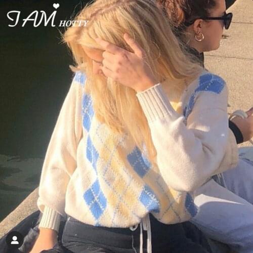 Y2K Argyle Plaid Woman Sweaters Loose Crewneck Knitted Jumper Long Sleeve Female Autumn Girls 90s Pullover Jacket 2020 Iamhotty